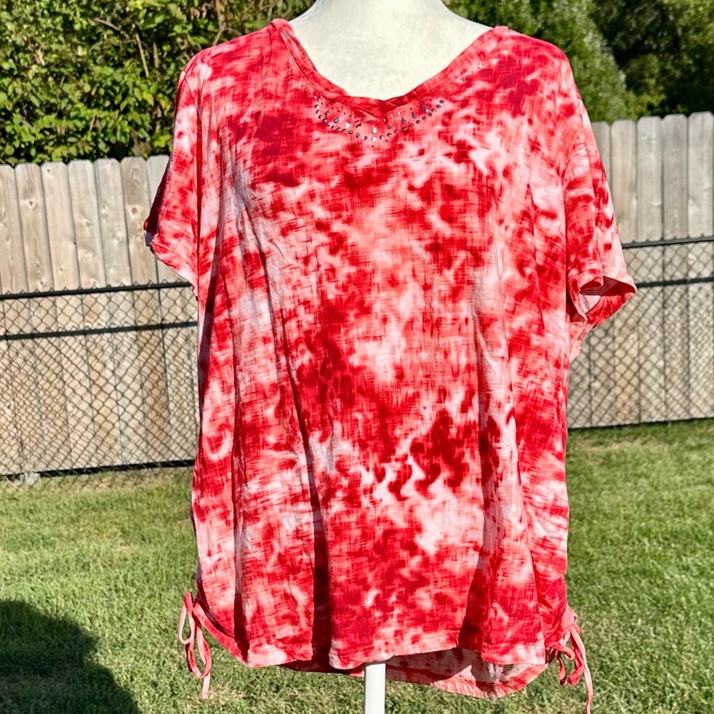 Gloria Vanderbilt Tie Dye Shirt 3X Red/White 100% Cotton Stretch Pullover Top